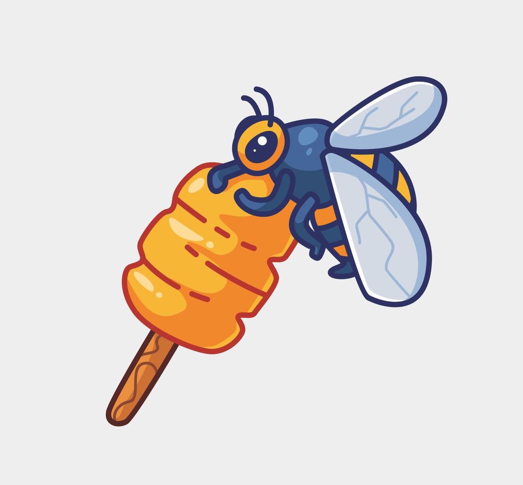 carino ape su miele bastone. isolato cartone animato animale natura illustrazione. piatto stile adatto per etichetta icona design premio logo vettore. portafortuna personaggio vettore