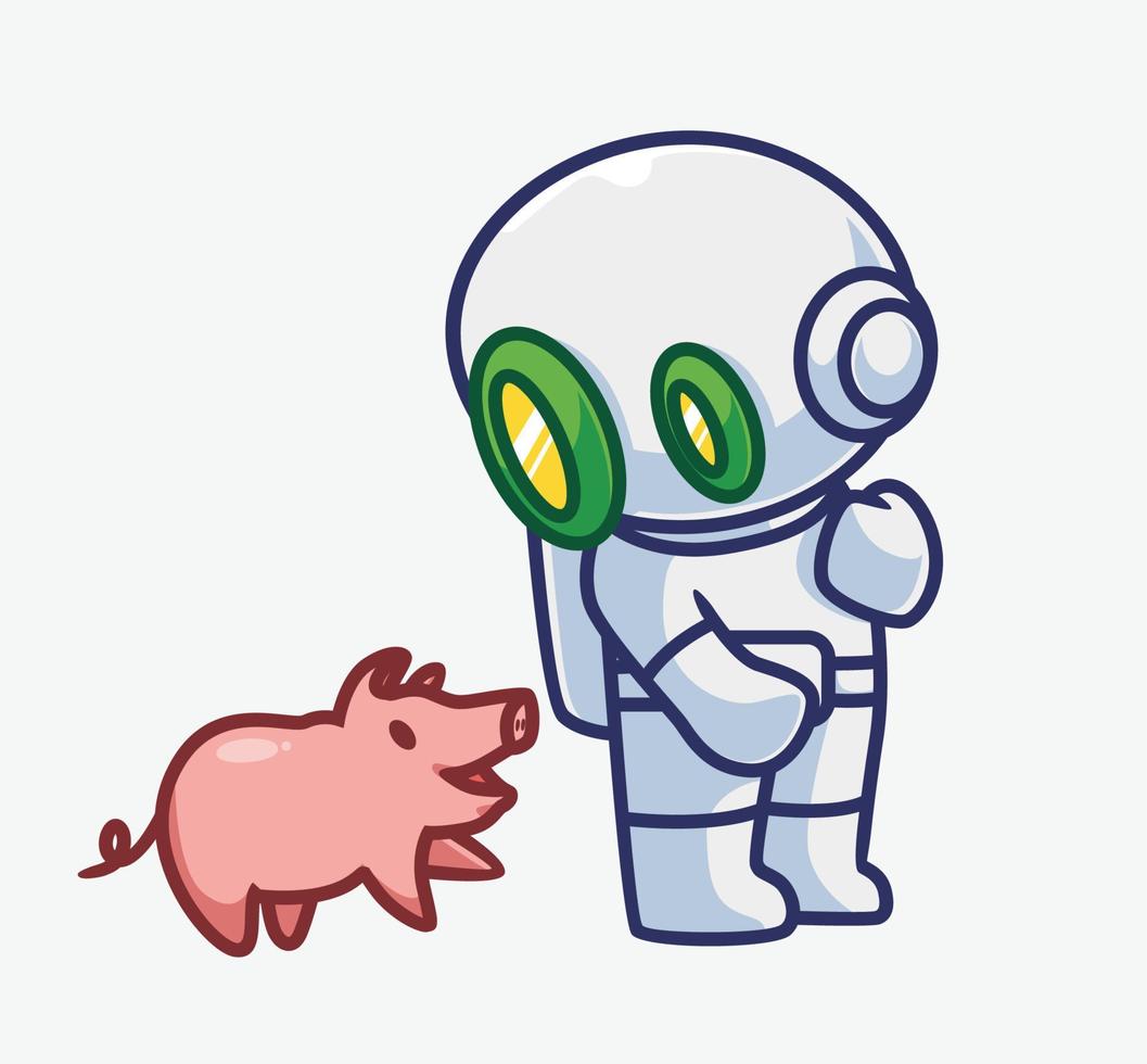carino astronauta robot seguito di un' maiale. isolato cartone animato persona illustrazione. piatto stile adatto per etichetta icona design premio logo vettore. portafortuna personaggio vettore