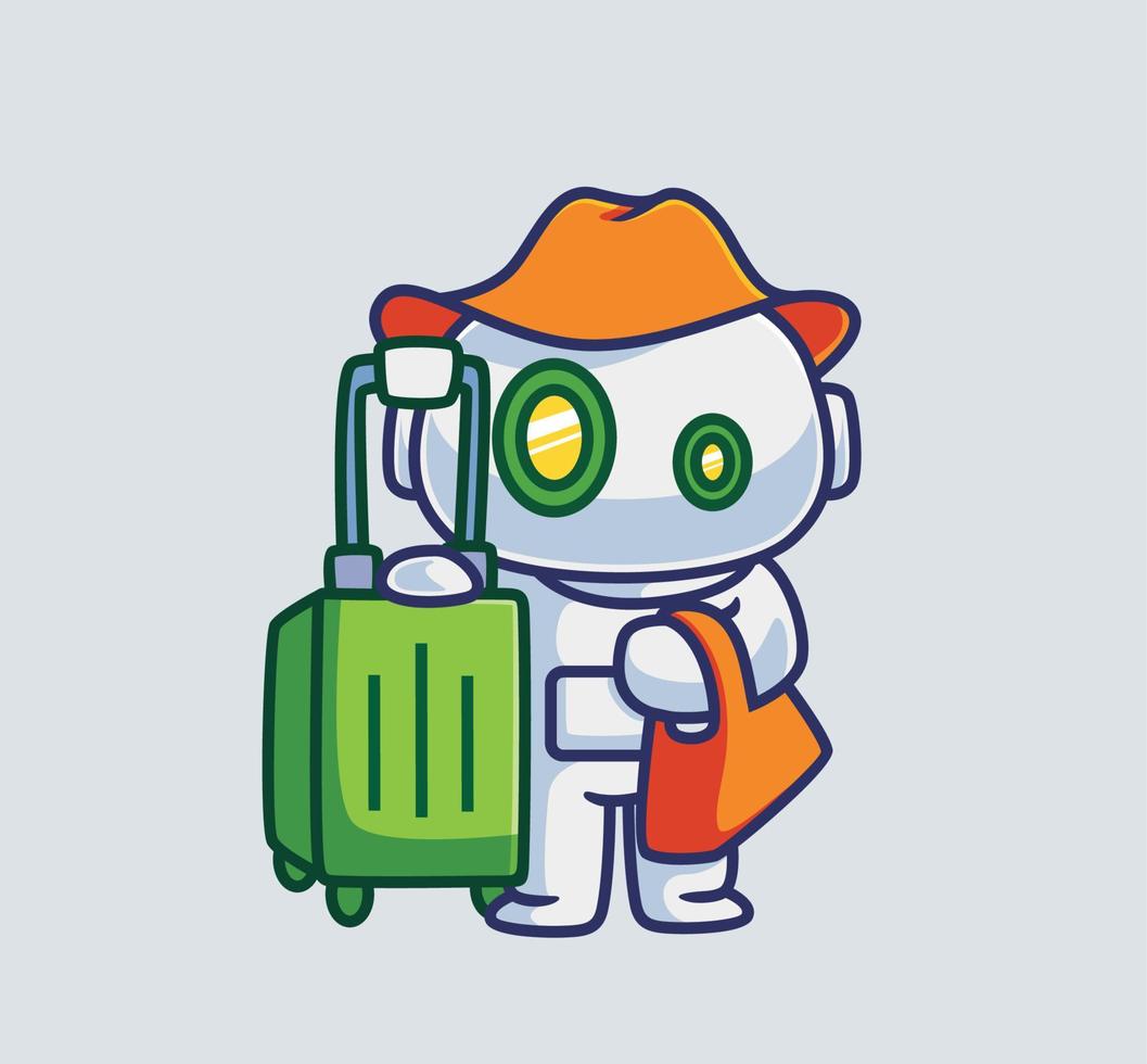 carino astronauta robot vacanza con valigia e cappello. isolato cartone animato persona illustrazione. piatto stile adatto per etichetta icona design premio logo vettore