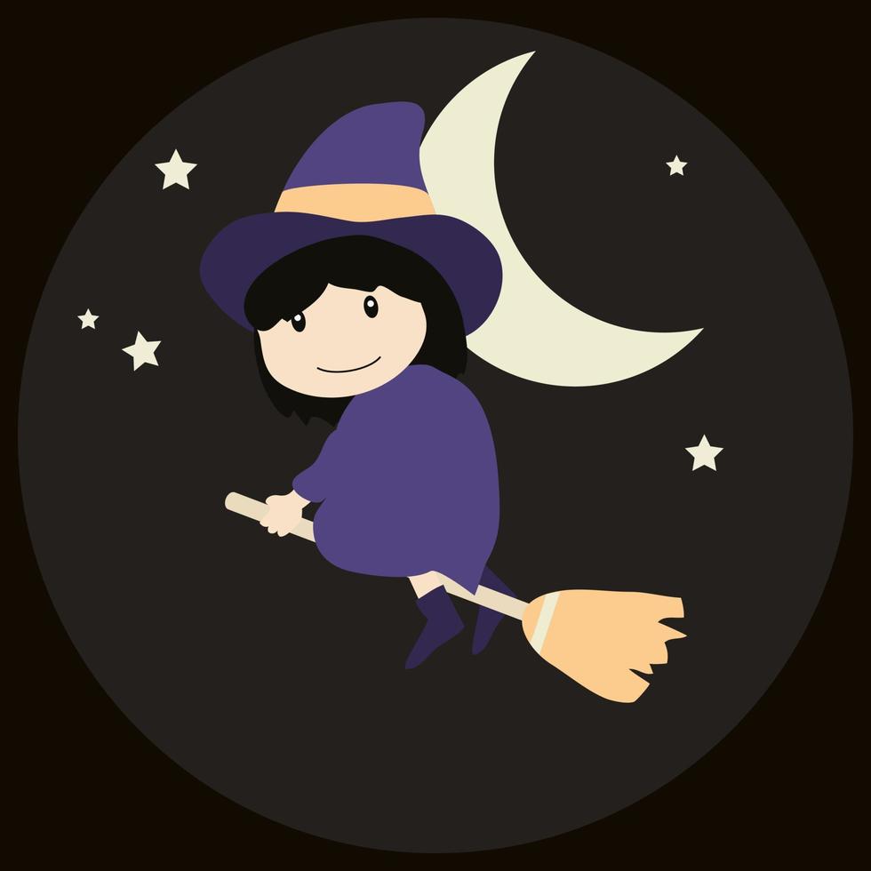 carino strega. donna nel un' spaventoso cappello volante su un' scopa nel il notte cielo, vettore cartone animato illustrazione.