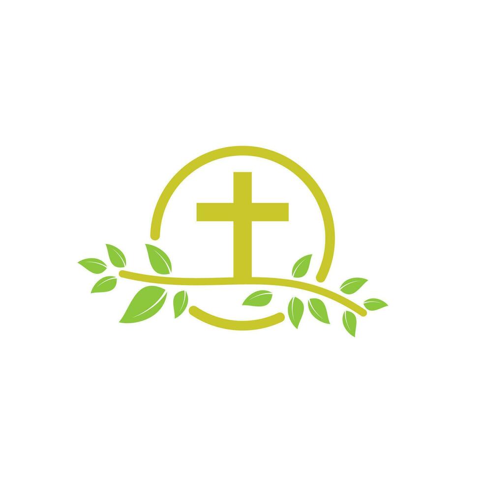 semplice cristiano Chiesa attraversare con albero le foglie vettore logo design.
