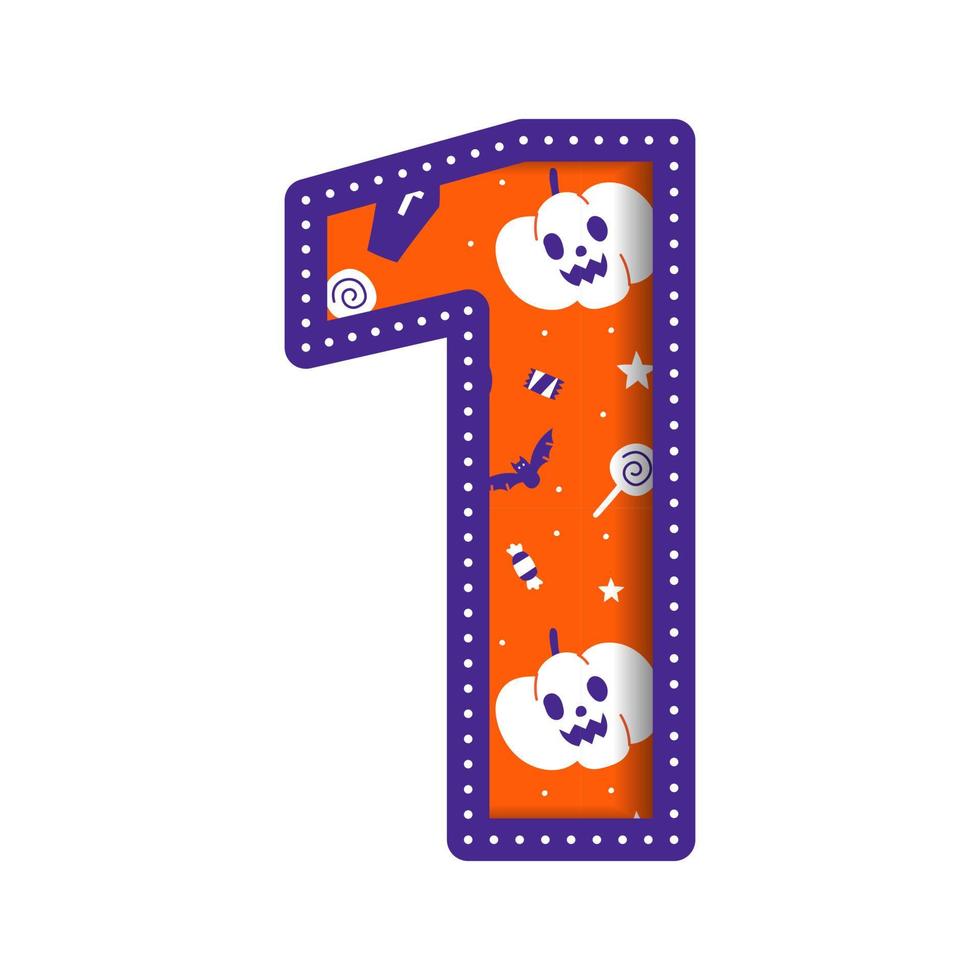 carino contento Halloween numero 1 uno numerale numerico festa font personaggio cartone animato spaventoso orrore colorato carta ritagliare genere design celebrazione vettore illustrazione cranio zucca pipistrello strega cappello ragno ragnatela