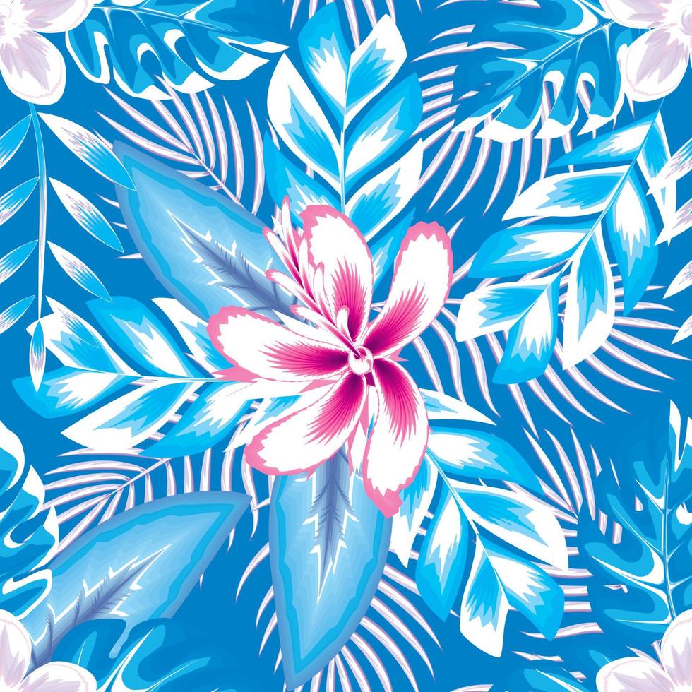 tropicale senza soluzione di continuità modello con esotico blu impianti le foglie e astratto rosa ibisco fiori fogliame su leggero sfondo. floreale sfondo. estate design. alla moda stampe struttura. sfondo arredamento vettore