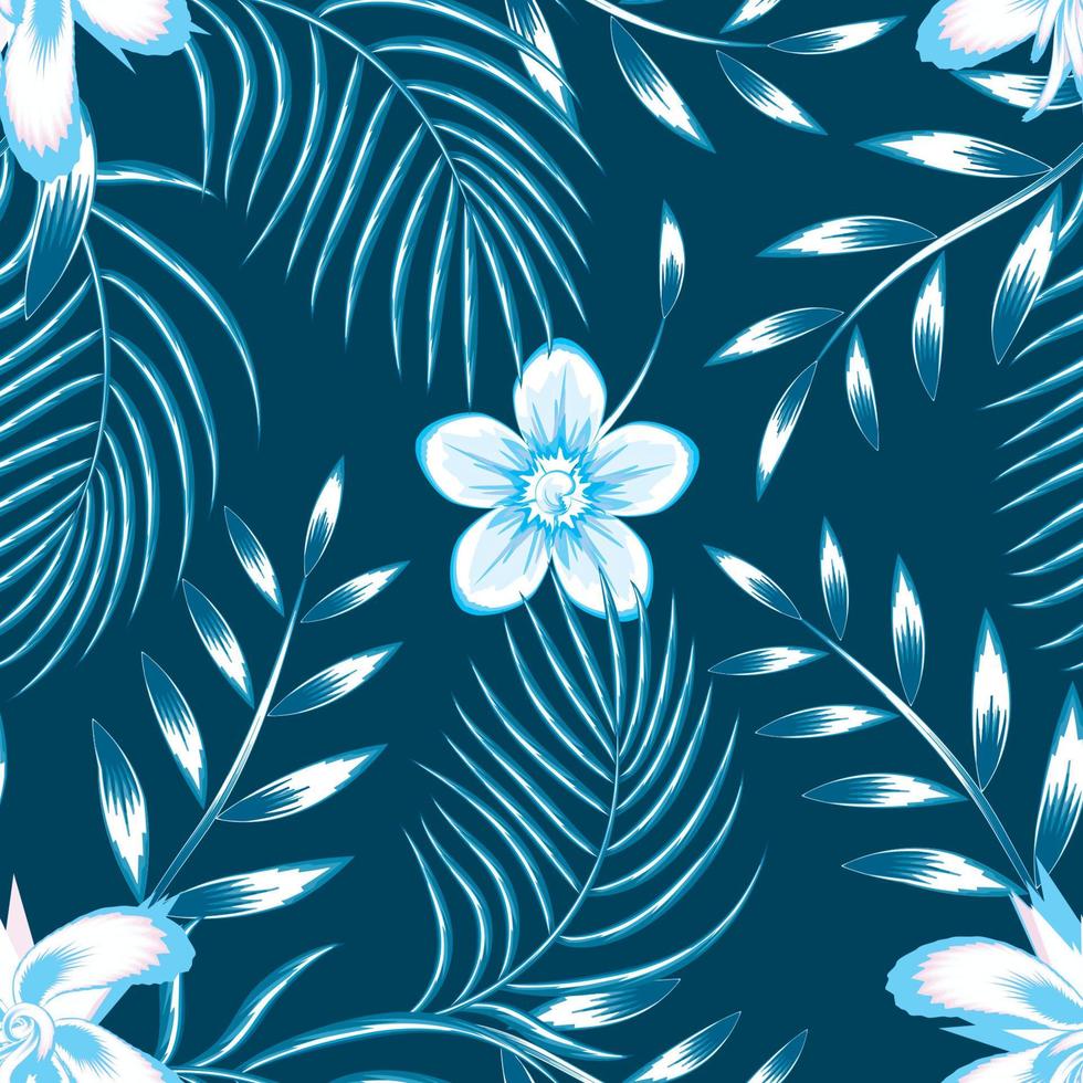 autunno senza soluzione di continuità tropicale modello con blu monocromatico palma le foglie e ibisco, frangipani fiore pianta fogliame su leggero sfondo. esotico giungla sfondo. estate design. floreale sfondo. autunno vettore