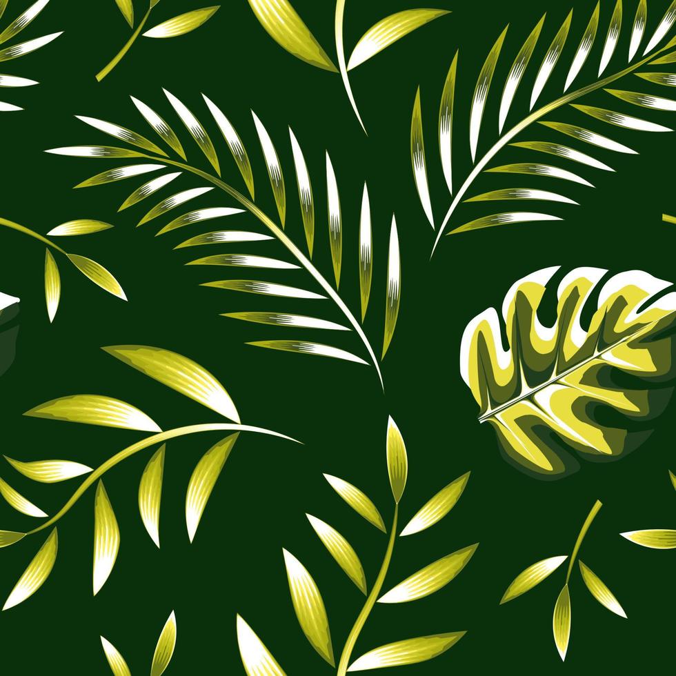 verde tropicale foresta pluviale elementi decorativo senza soluzione di continuità modello con Monstera felce le foglie e impianti fogliame su notte sfondo. alla moda Stampa struttura. esotico tropico. natura sfondo. estate arte vettore