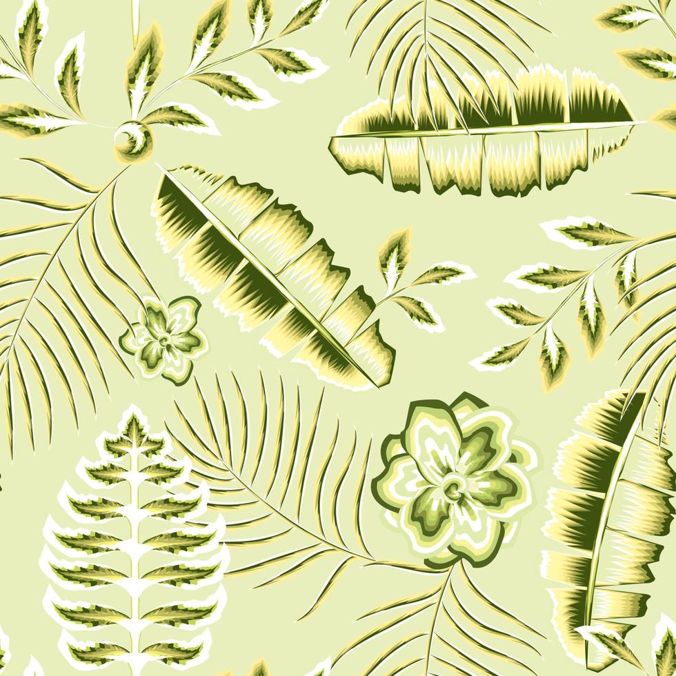 bellissimo gelsomino fiore senza soluzione di continuità modello alla moda struttura con verde Banana palma le foglie e impianti fogliame nel monocromatico stile su leggero sfondo. floreale sfondo. esotico tropici. estate vettore