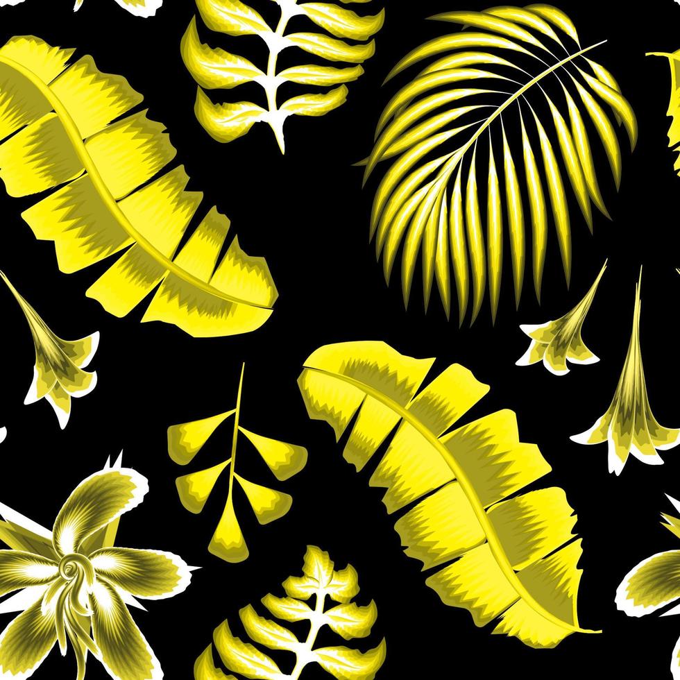 giallo monocromatico Banana le foglie illustrazione senza soluzione di continuità modello con tropicale Noce di cocco rami e astratto ibisco fiore impianti fogliame su notte sfondo. floreale sfondo. alla moda estate vettore
