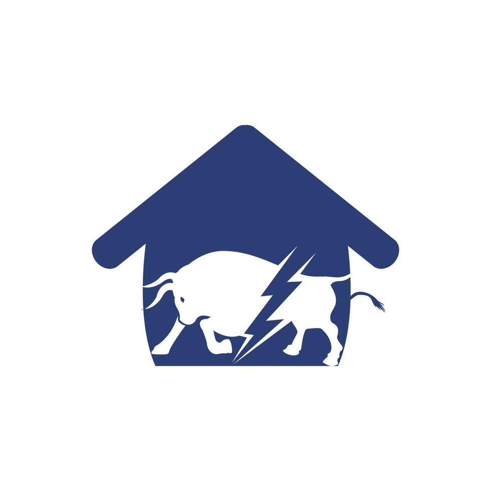 Toro con tuono e casa logo design. veloce elettrico energia nel toro. vettore