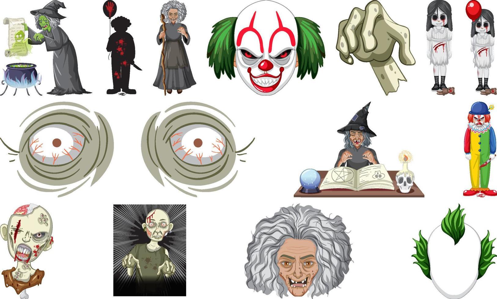 impostato di orrore Halloween oggetti e cartone animato personaggi vettore