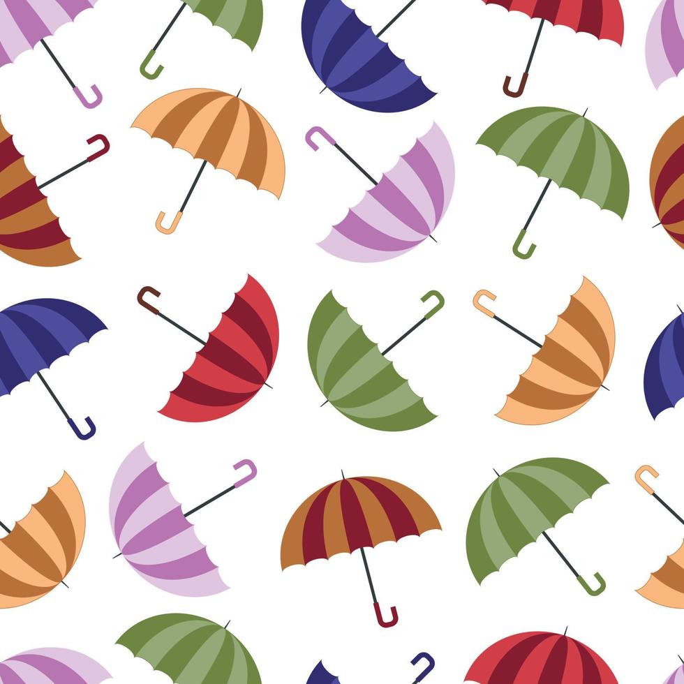senza soluzione di continuità autunno modello con colorato blu, rosso, arancia, Marrone, viola, verde ombrelli per piovoso tempo metereologico nel piatto stile isolato su bianca sfondo vettore