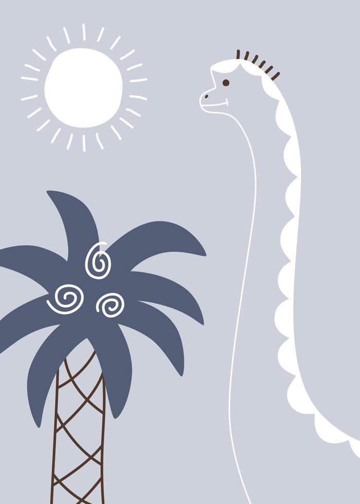 infantile blu manifesto nel il stanza dei giochi con un' bianca grande dinosauro Il prossimo per un' palma albero sotto il sole. vettore illustrazione su un' amici compleanno carta.