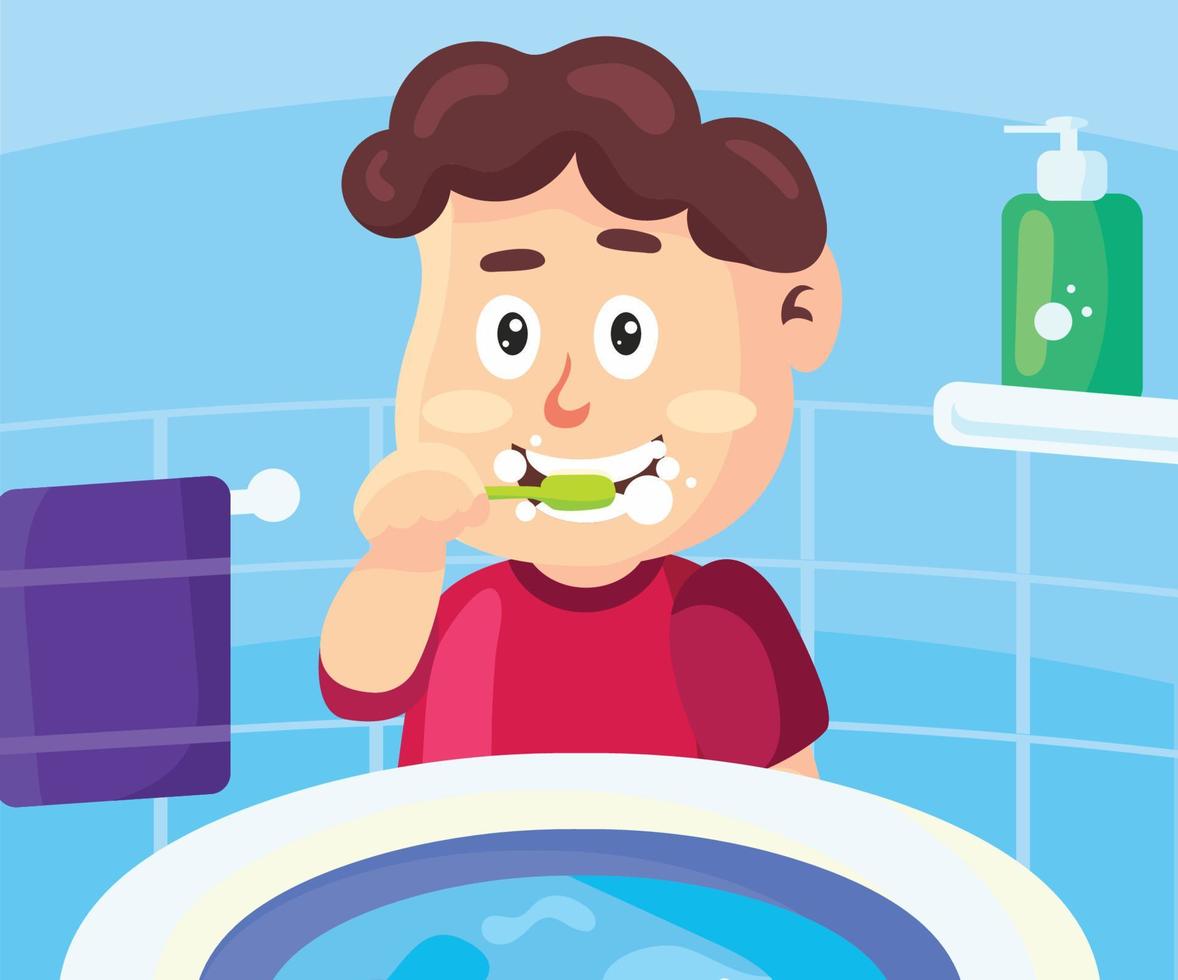 ragazzo attività mattina routine lavare i denti vettore