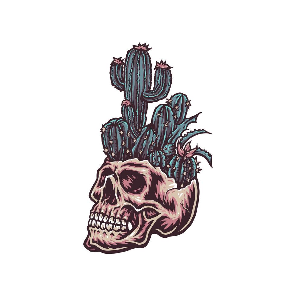 cranio con cactus, mano disegnato linea con digitale colore, vettore illustrazione
