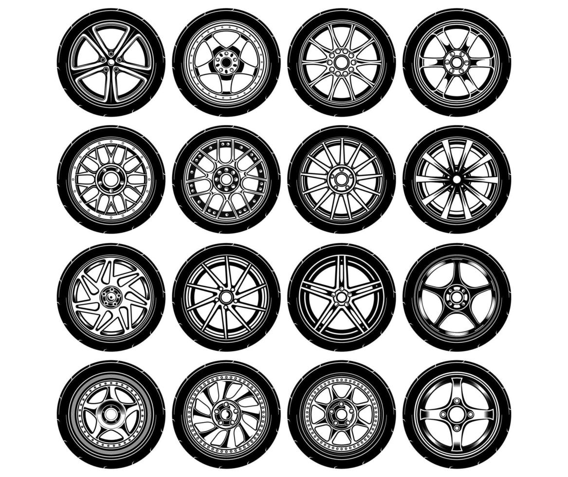 impostato di auto ruota, gomma da cancellare pneumatico, camion ruota elemento illustrazione. 3d illustrazione di cerchi auto collezioni. vettore eps 10.