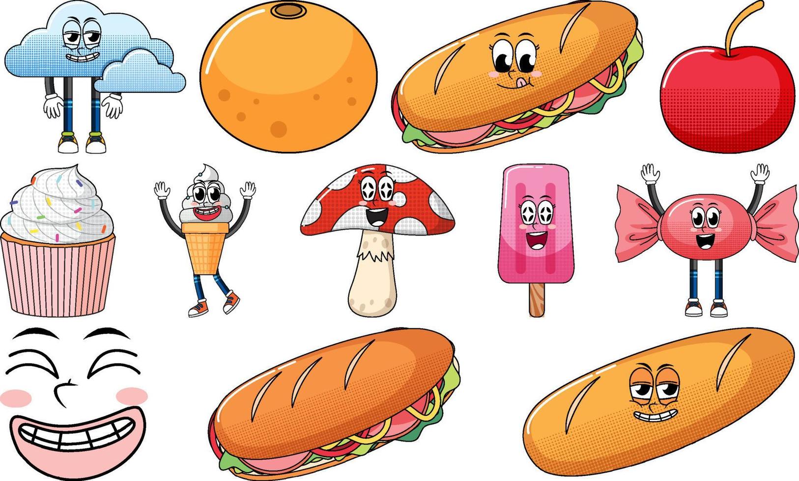 impostato di oggetti e Alimenti cartone animato personaggi vettore