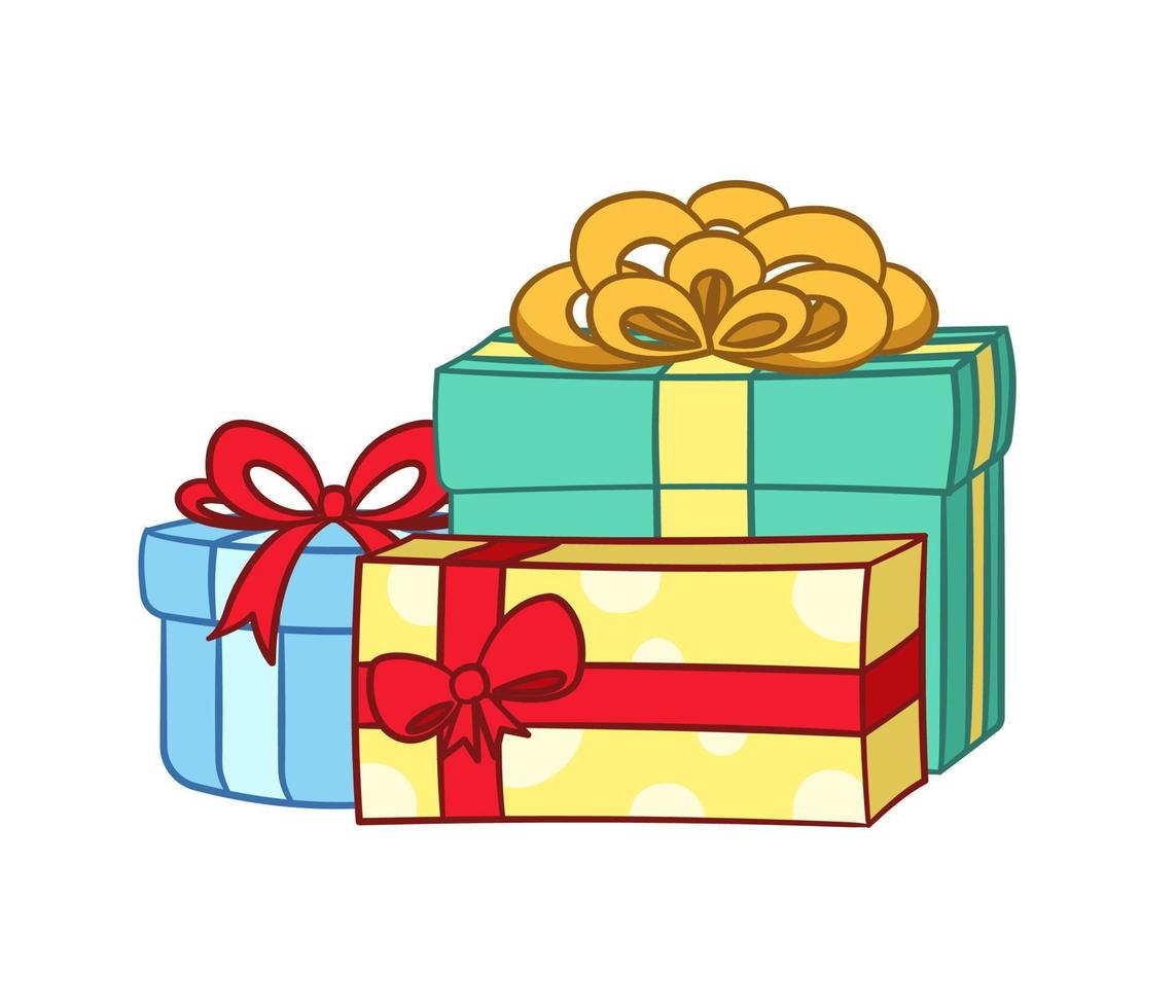 regalo scatole con arco cartone animato clipart. Natale o compleanno presente illustrazione. vettore