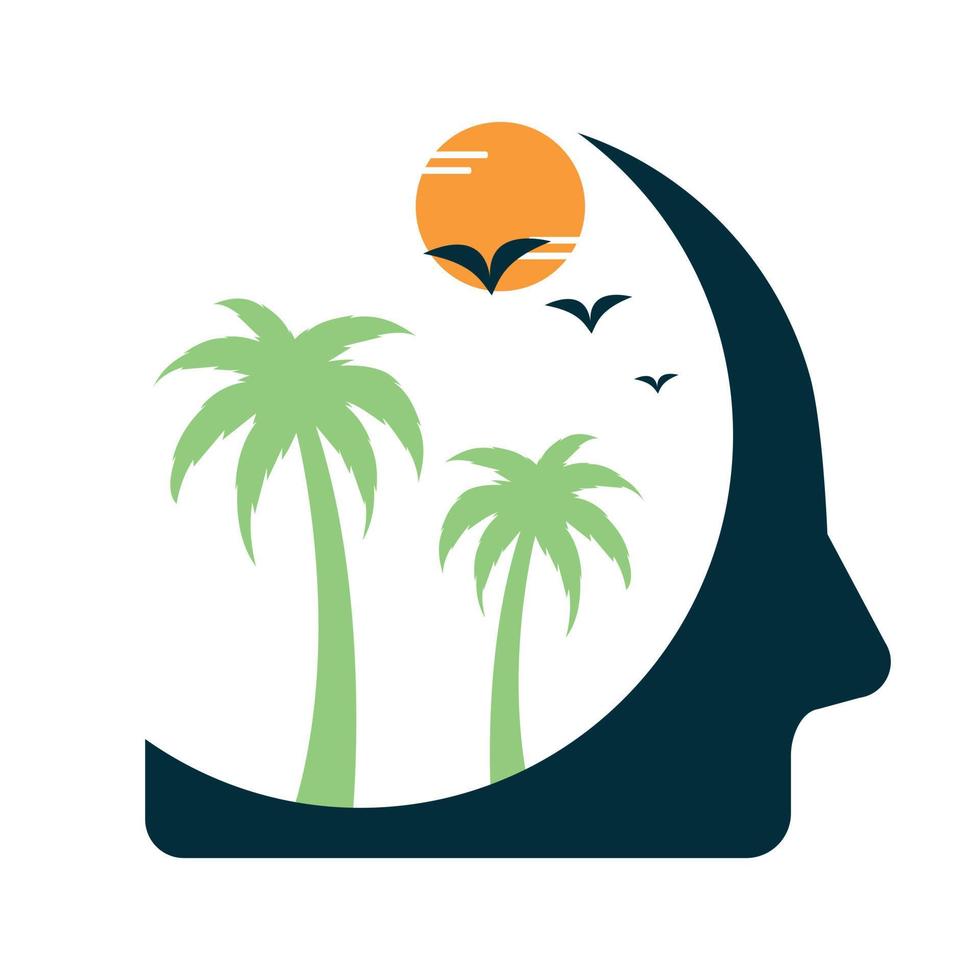 viaggio mente logo concetto design. umano testa con palma albero logo. vettore