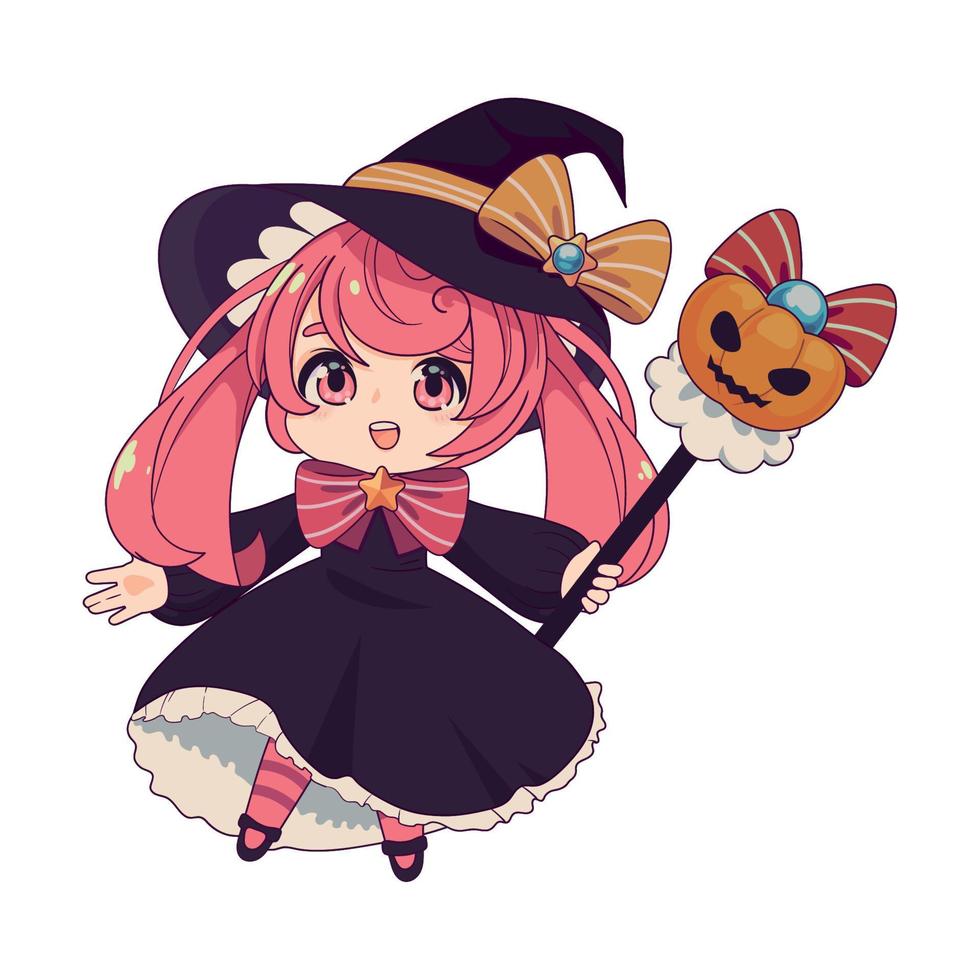 anime chibi strega con zucca bacchetta magica vettore