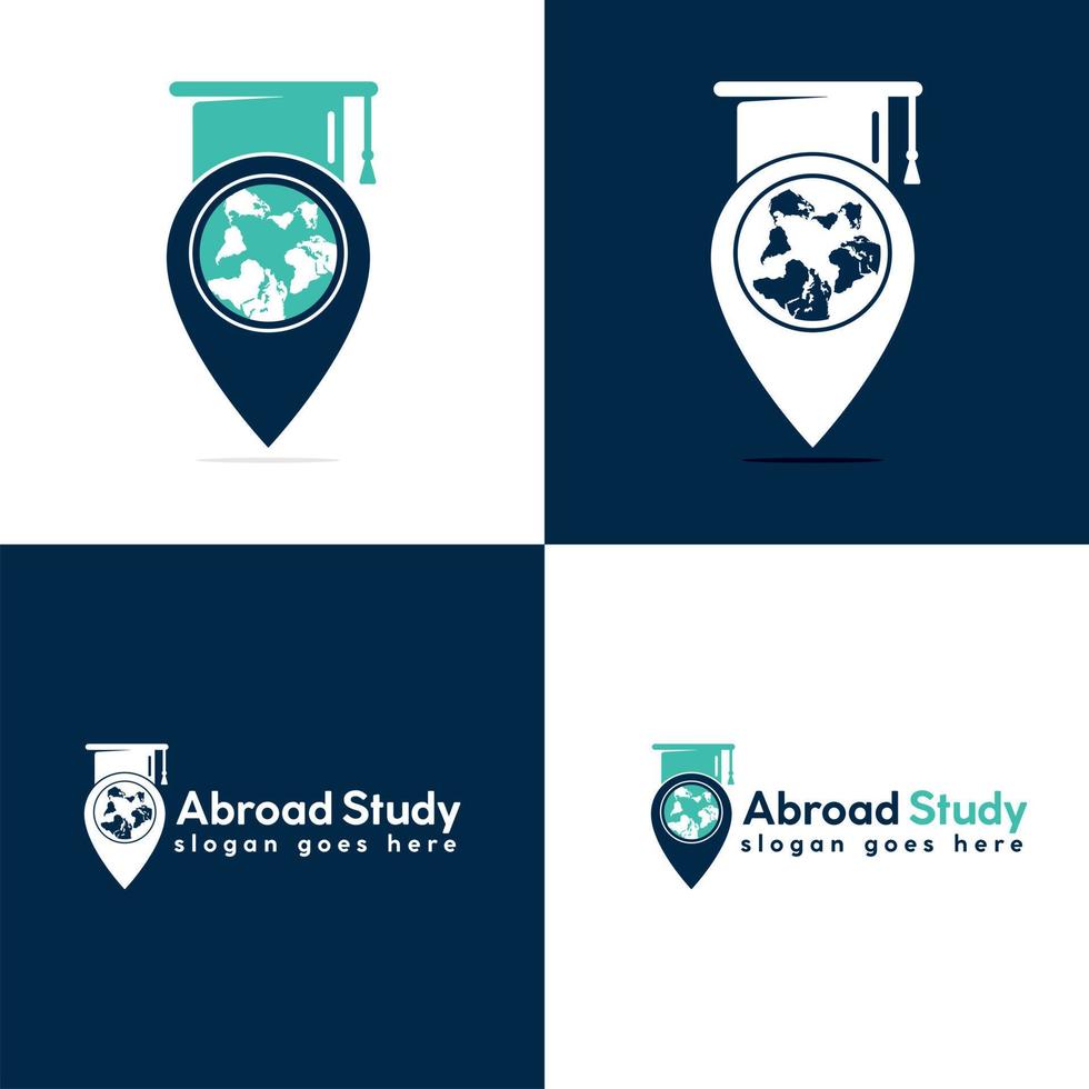 Posizione icona con educativo logo design. all'estero studia log con carta geografica pointer vettore modello design.