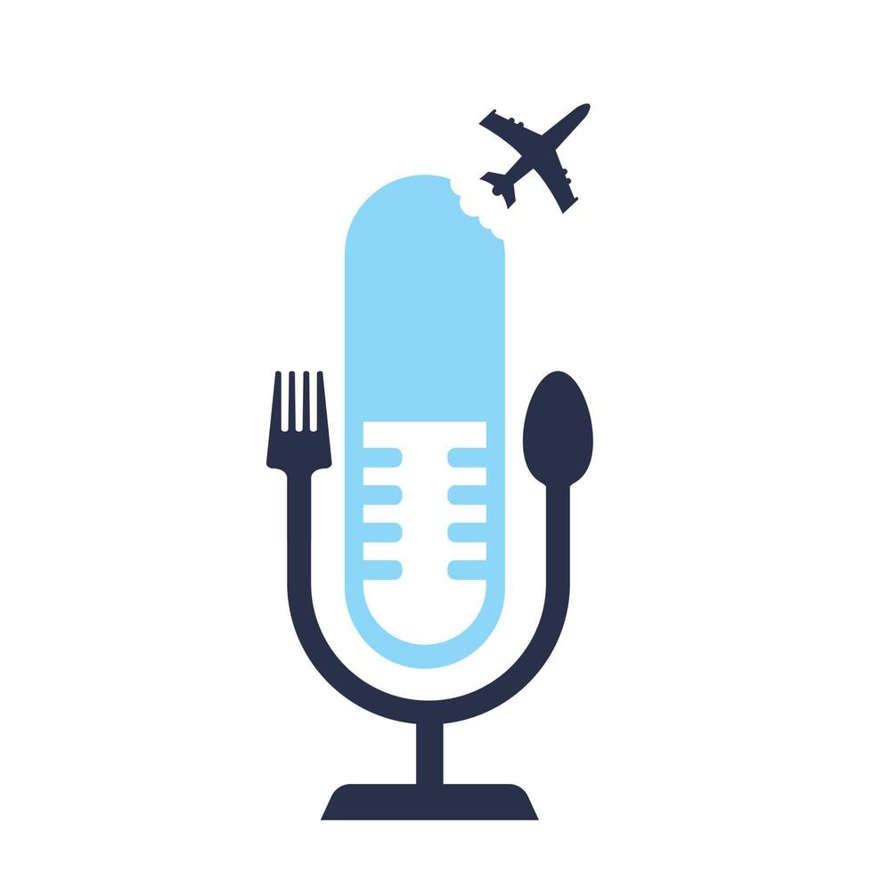 Podcast cibo logo icona disegni vettore. forchetta e cucchiaio in giro un' microfono. vettore