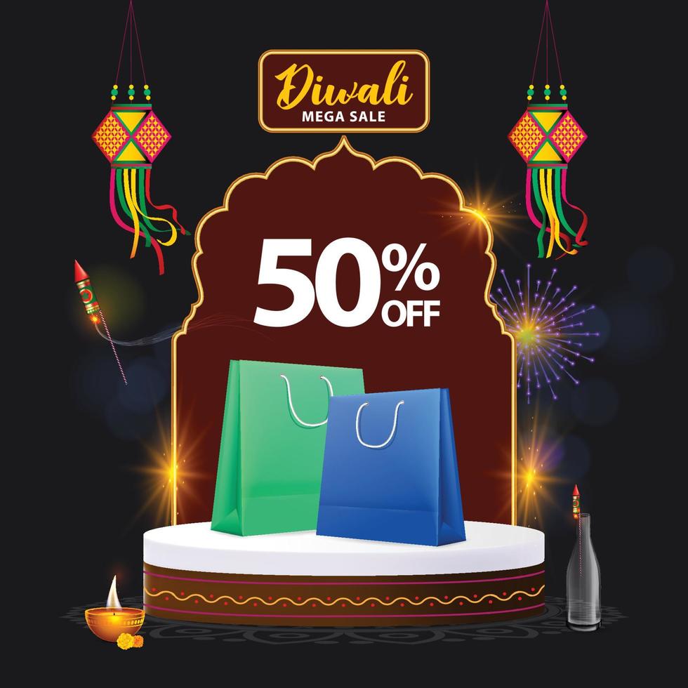 Diwali mega vendita sconto concetto con shopping borse su Prodotto podio con Diwali elementi vettore