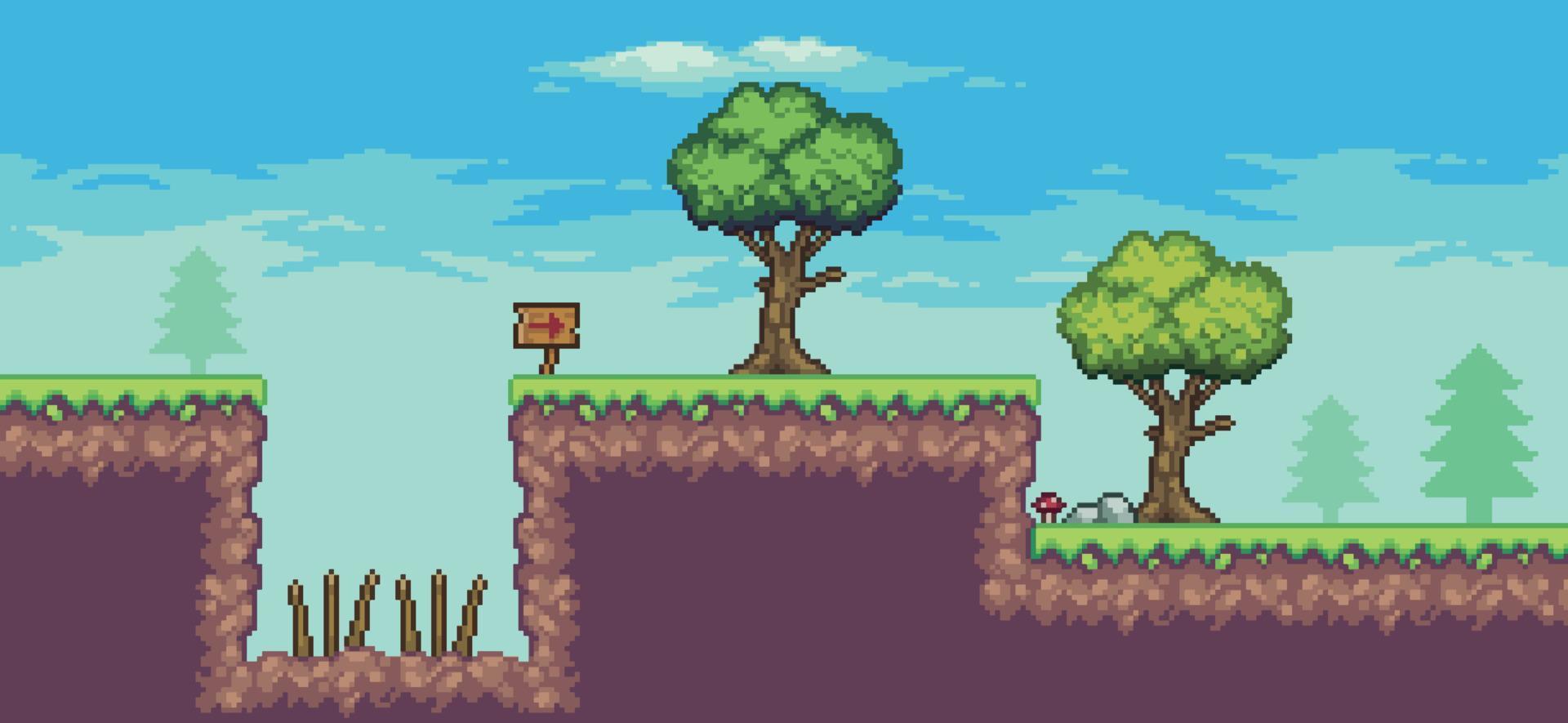 pixel arte portico gioco scena con albero, galleggiante isola, trappola, tavola e nuvole 8 po vettore sfondo