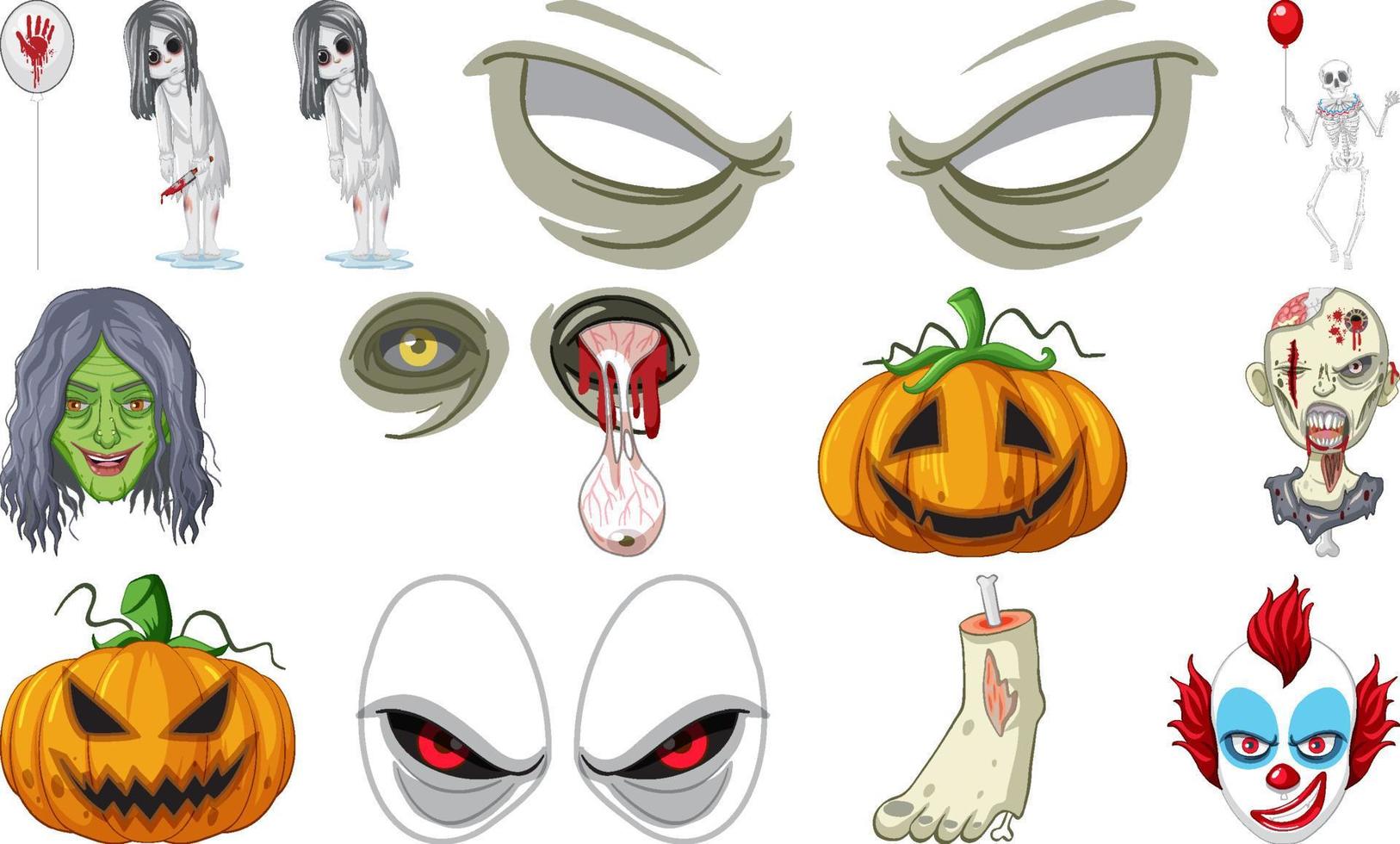 impostato di orrore Halloween oggetti e cartone animato personaggi vettore