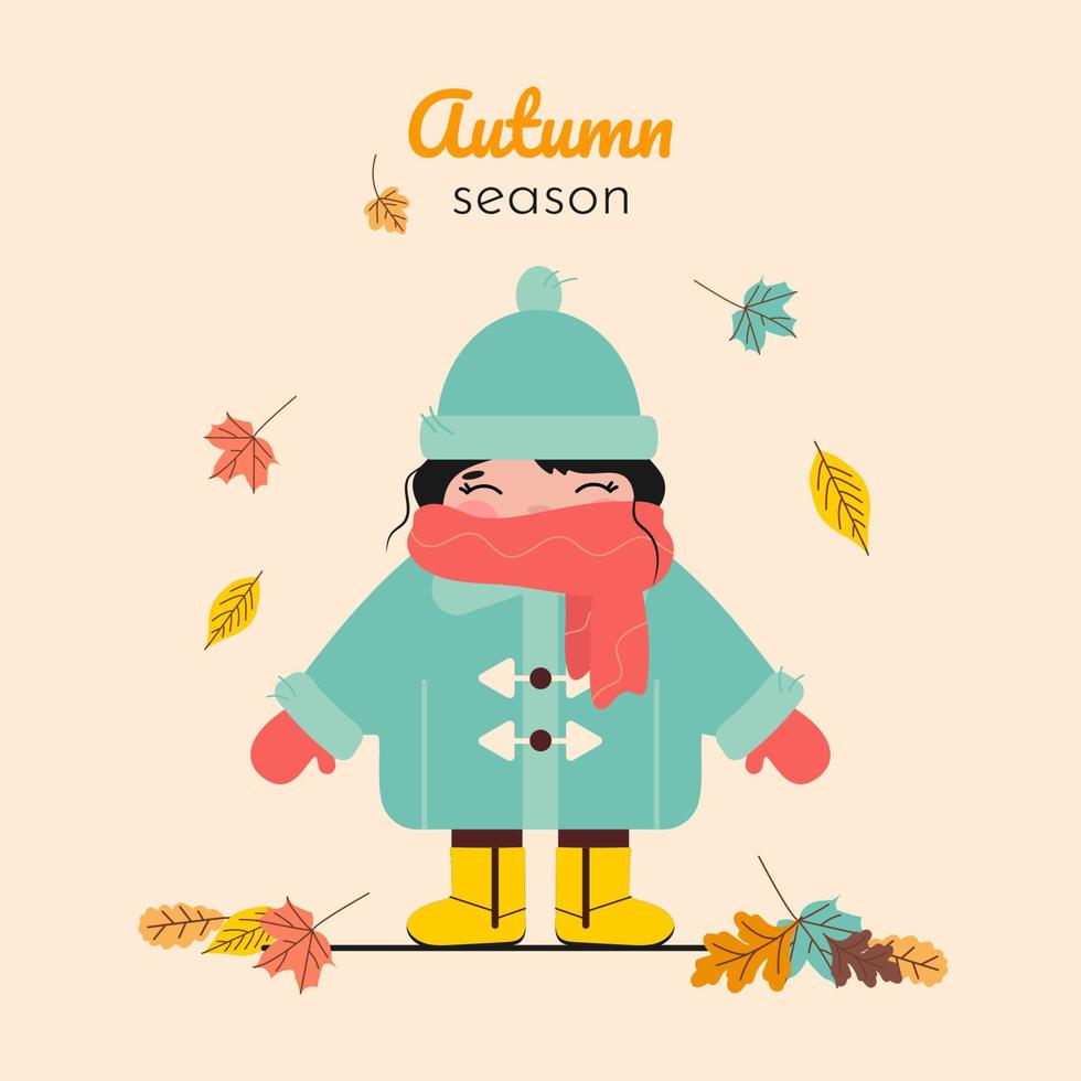 bambino nel caldo autunno Abiti. divertente bambino in piedi su sfondo di fogliame. iscrizione autunno stagione. vettore illustrazione.