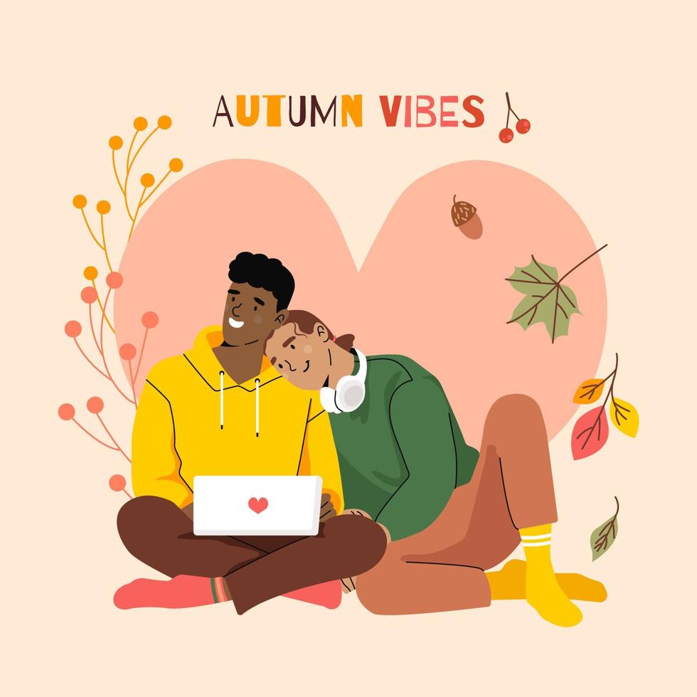 autunno vibrazioni. gay coppia coccole e Guardando film su il computer portatile. innamorato stesso sesso coppia. piatto vettore illustrazione. concetto di lgbt, amicizia, gratuito amore, accogliente autunno.