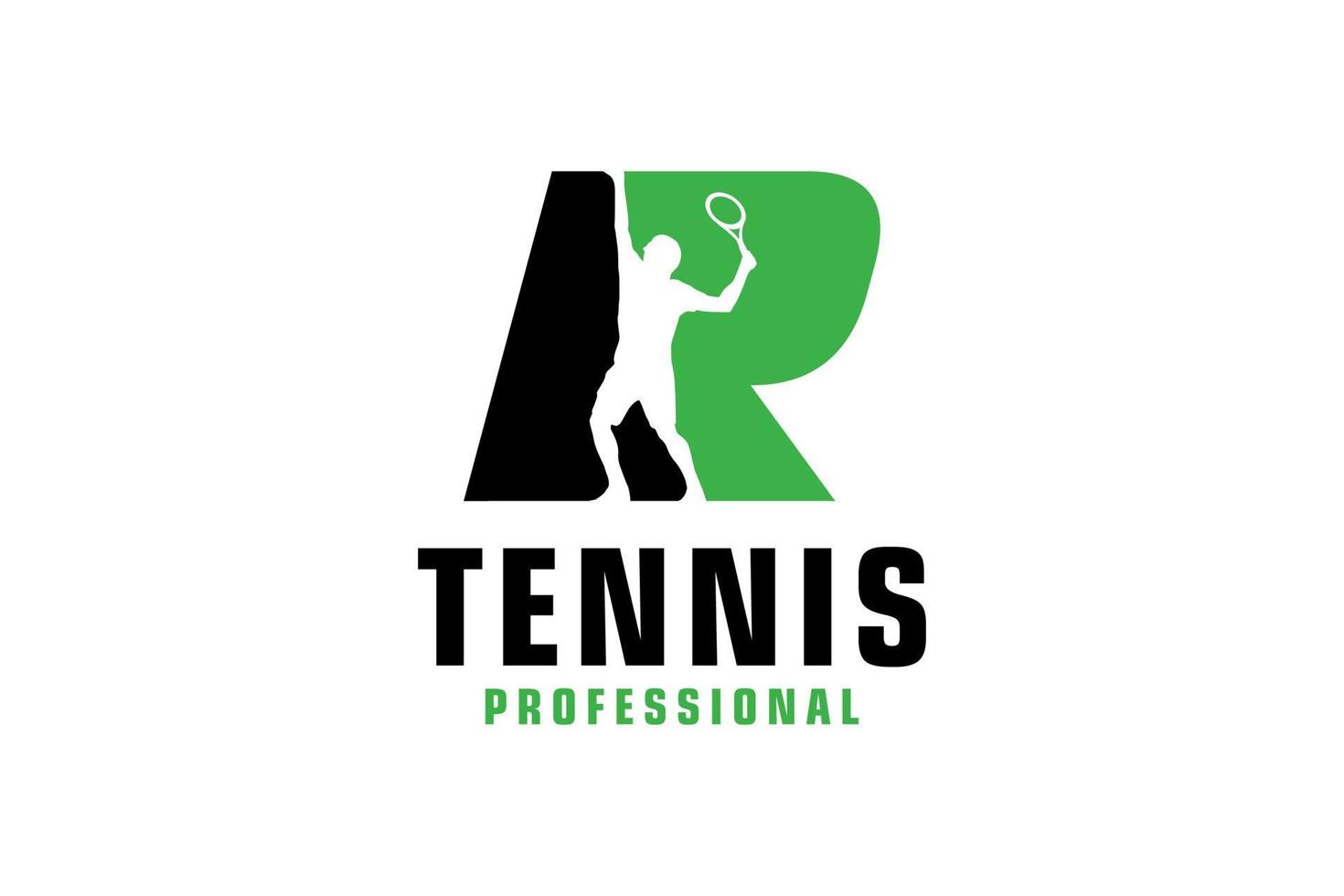 lettera r con disegno del logo della siluetta del tennista. elementi del modello di progettazione vettoriale per la squadra sportiva o l'identità aziendale.