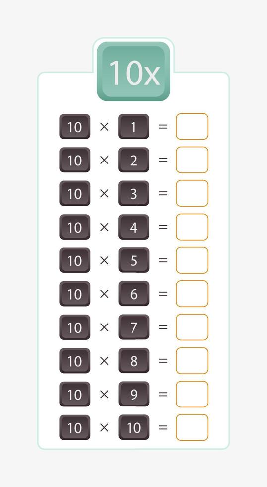 10x moltiplicazione per la pratica, moltiplicazione tavolo senza risposte. vettore