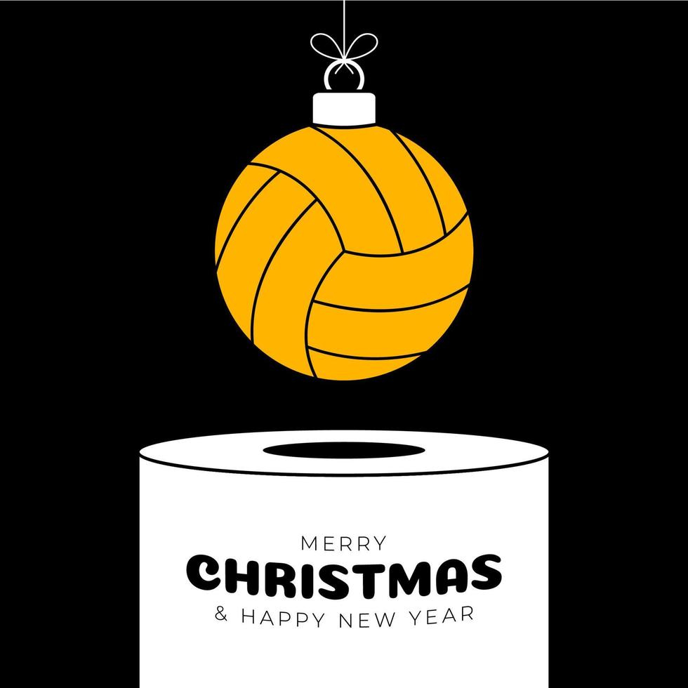 pallavolo Natale fronzolo piedistallo. allegro Natale sport saluto carta. appendere su un' filo pallavolo palla come un' natale palla su bianca podio su nero sfondo. sport di moda vettore illustrazione.