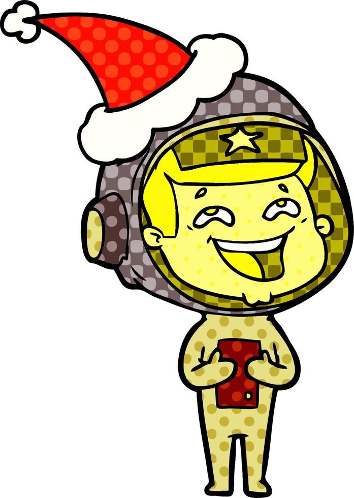 comico libro stile illustrazione di un' ridendo astronauta indossare Santa cappello vettore