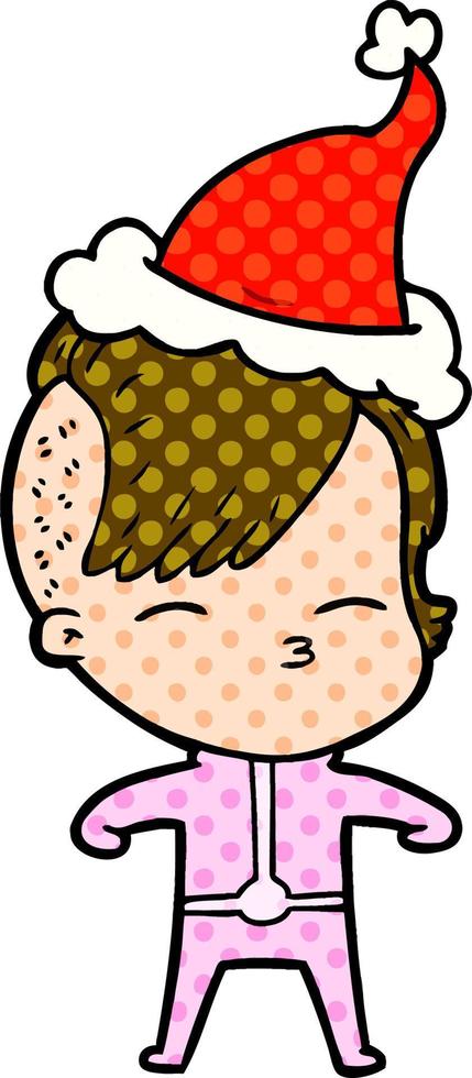 illustrazione in stile fumetto di una ragazza che indossa abiti futuristici che indossano il cappello di Babbo Natale vettore