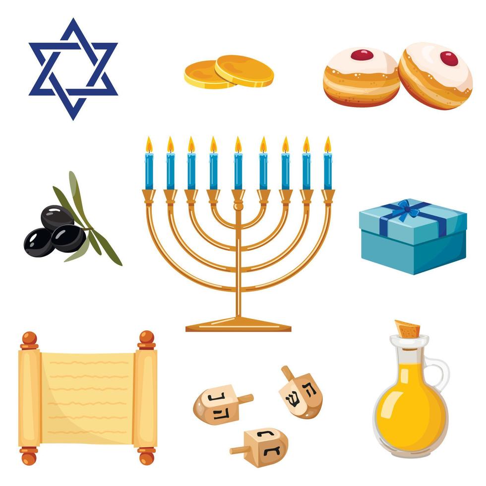 hanukkah impostare. collezione di colorato hanukkah cartone animato simboli con menorah, dreidel, monete, olio, regalo, sufganiyot isolato su bianca sfondo vettore