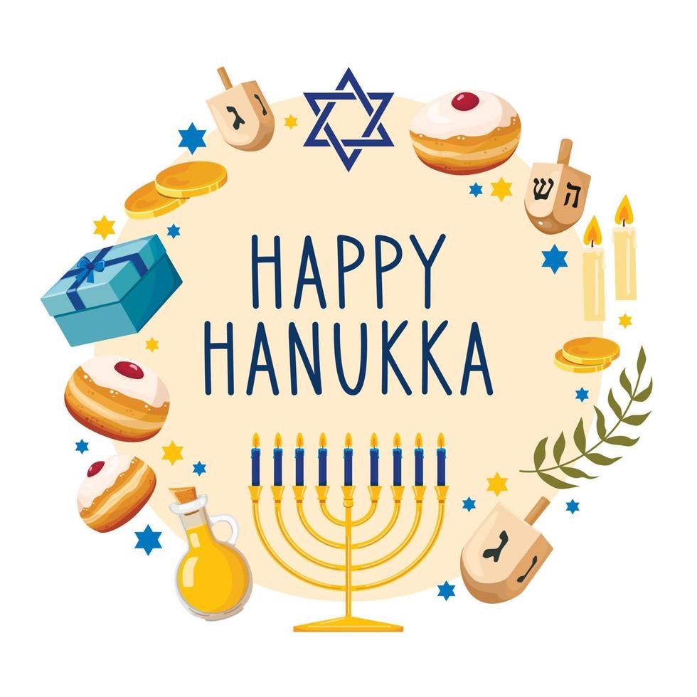 saluto carta o cartolina modello con contento hanukkah lettering e tradizionale vacanza simboli - menorah, sufganiyah ciambelle, oliva ramo, regalo, gel, dreidels. vettore illustrazione