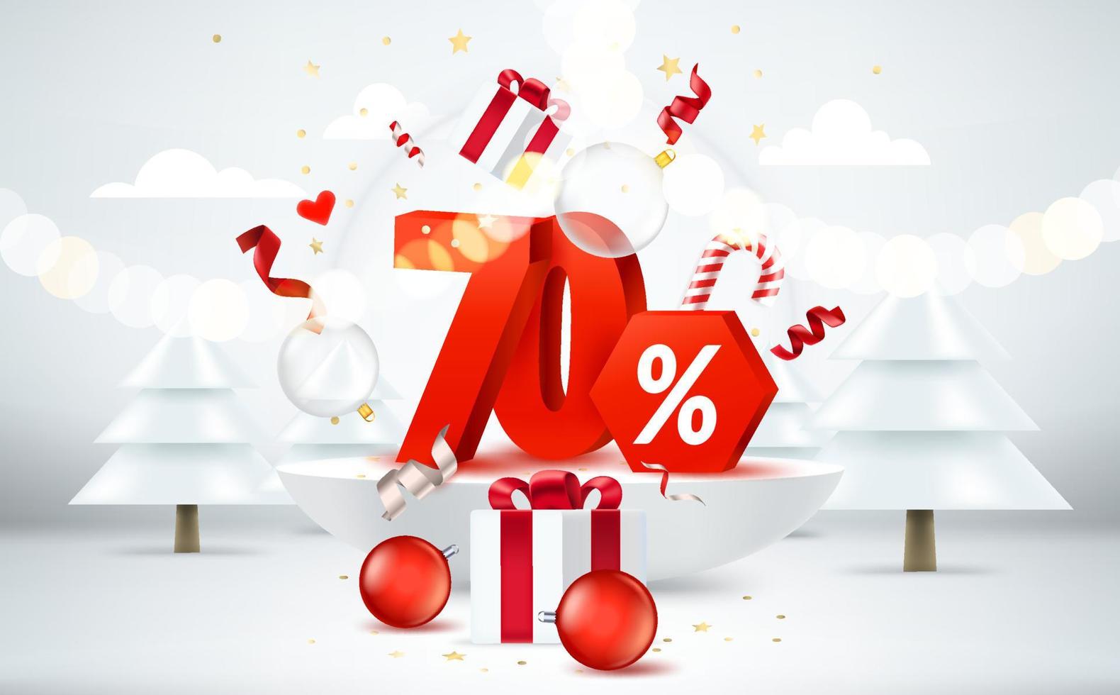 sconto di natale del settanta per cento. bandiera di vendita di stagione. stanza luminosa con elementi natalizi e cifre. Banner vettoriale in stile 3d