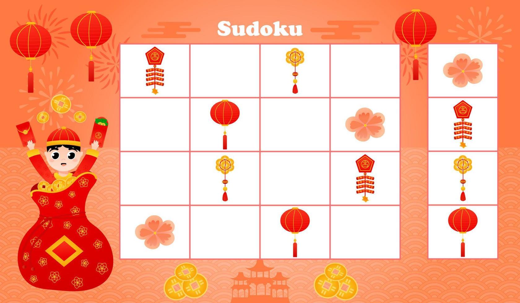 sudoku gioco per bambini con carino ragazzo nel tradizionale Cinese costume e salto a partire dal fortunato Borsa vettore