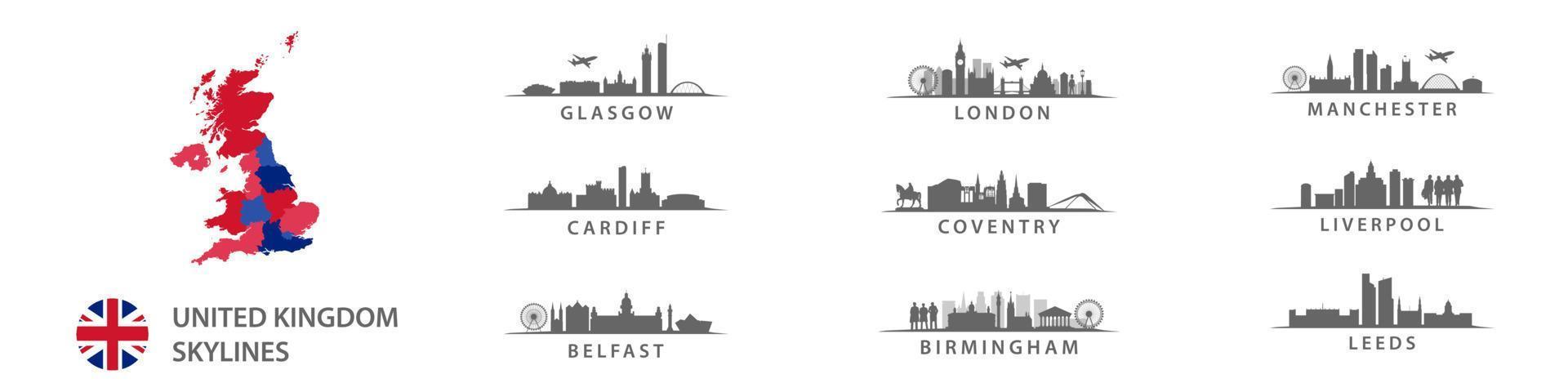 grande città nel unito regno, skyline nel vettore sihouette, inglese destinazioni piace Londra, leed, coventry, Birmingham, Liverpool, , belfast, cardiff, Glasgow