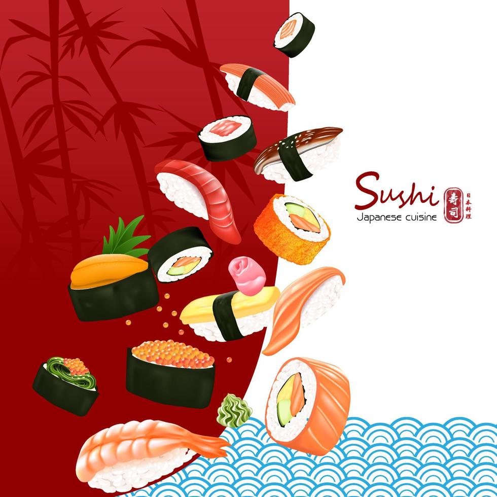 impostato di Sushi giapponese tradizionale cibo con diverso genere vettore illustrazione giapponese testo significare Sushi giapponese cucina