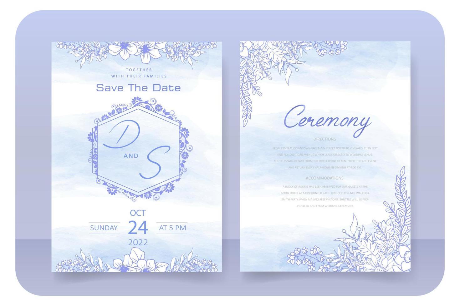 nozze invito carta modello, foglia e fiore modello decorazione, blu bianca sfondo vettore