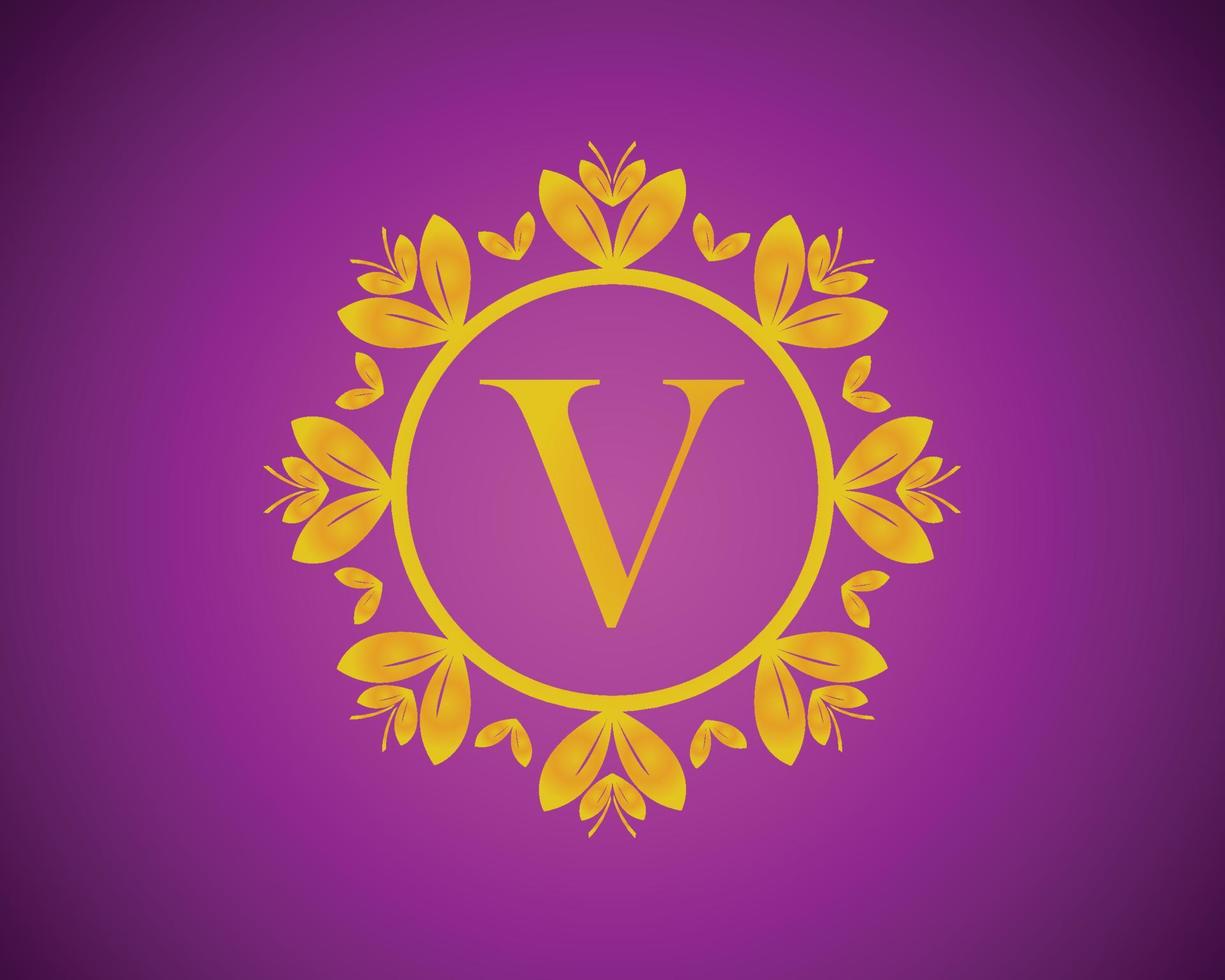 alfabeto v lusso logo design con oro colore gradazione e oro foglia cerchio adatto per fare il bagno, Hotel, bellezza e toelettatura. contro un' viola velluto sfondo. vettore