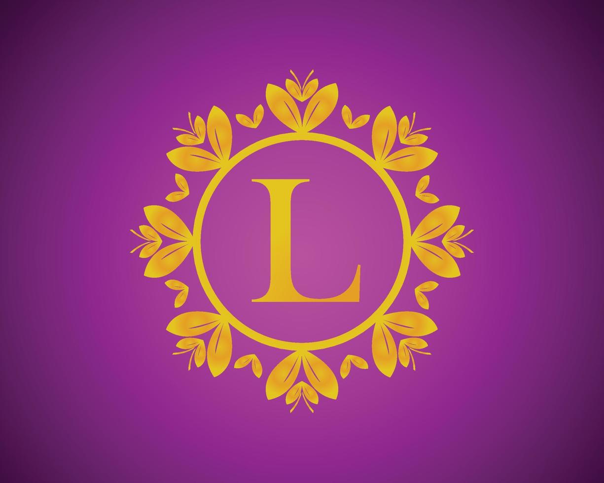 alfabeto l lusso logo design con oro colore gradazione e oro foglia cerchio adatto per fare il bagno, Hotel, bellezza e toelettatura. contro un' viola velluto sfondo. vettore