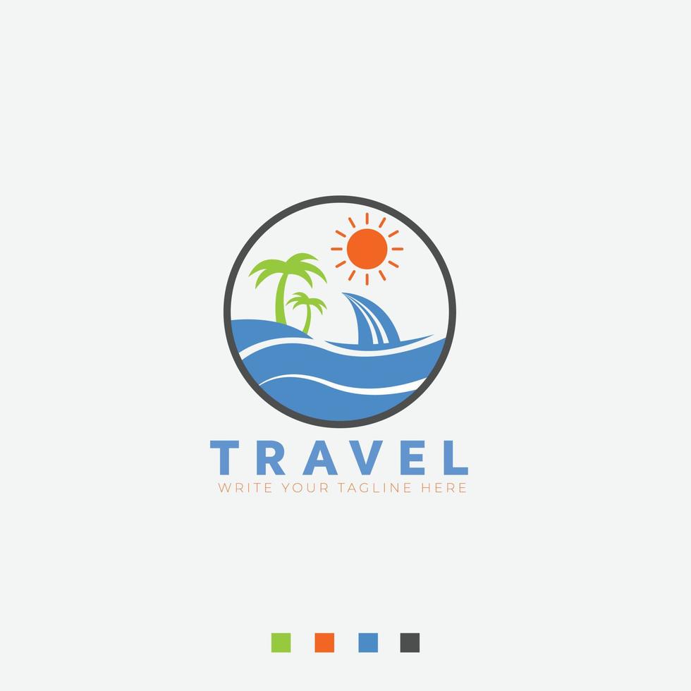 viaggio logo design con il paesaggio, il concetto per naturale, mare, barca, sole. vettore