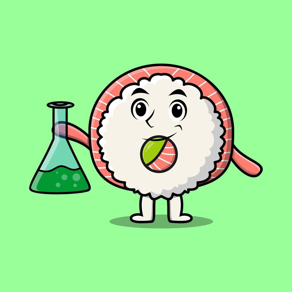carino cartone animato riso Sushi rotoli sashimi come scienziato vettore