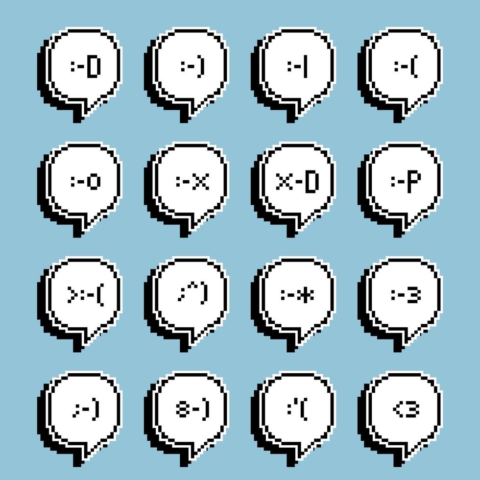 collezione impostato di retrò gioco 8 po pixel emoji, emoticon con discorso bolla Palloncino, testo scatola, nero e bianca colore con ombra, espressione icona concetto, piatto design vettore illustrazione
