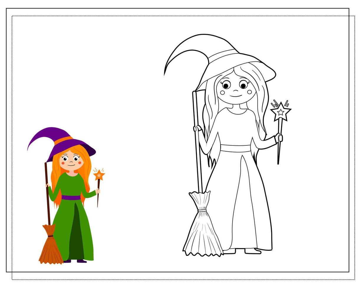 colorazione libro per bambini, cartone animato strega sta con un' scopa. vettore isolato su un' bianca sfondo.