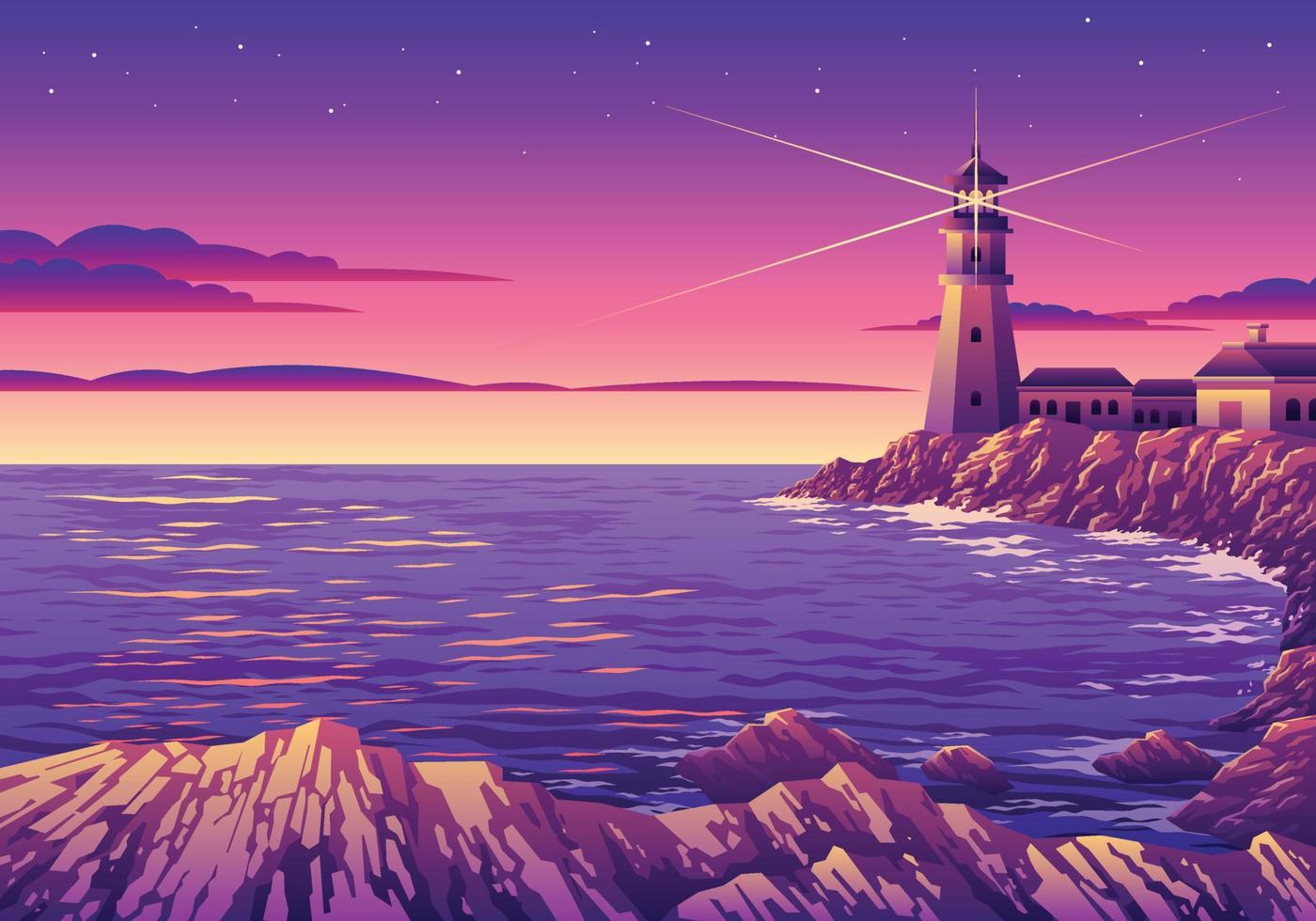 bellissimo tramonto faro paesaggio illustrazione vettore