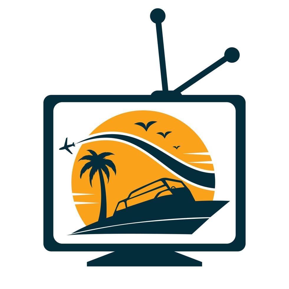 viaggio televisione avventura turismo mondo logo design concetto. viaggio tv concetto. vettore