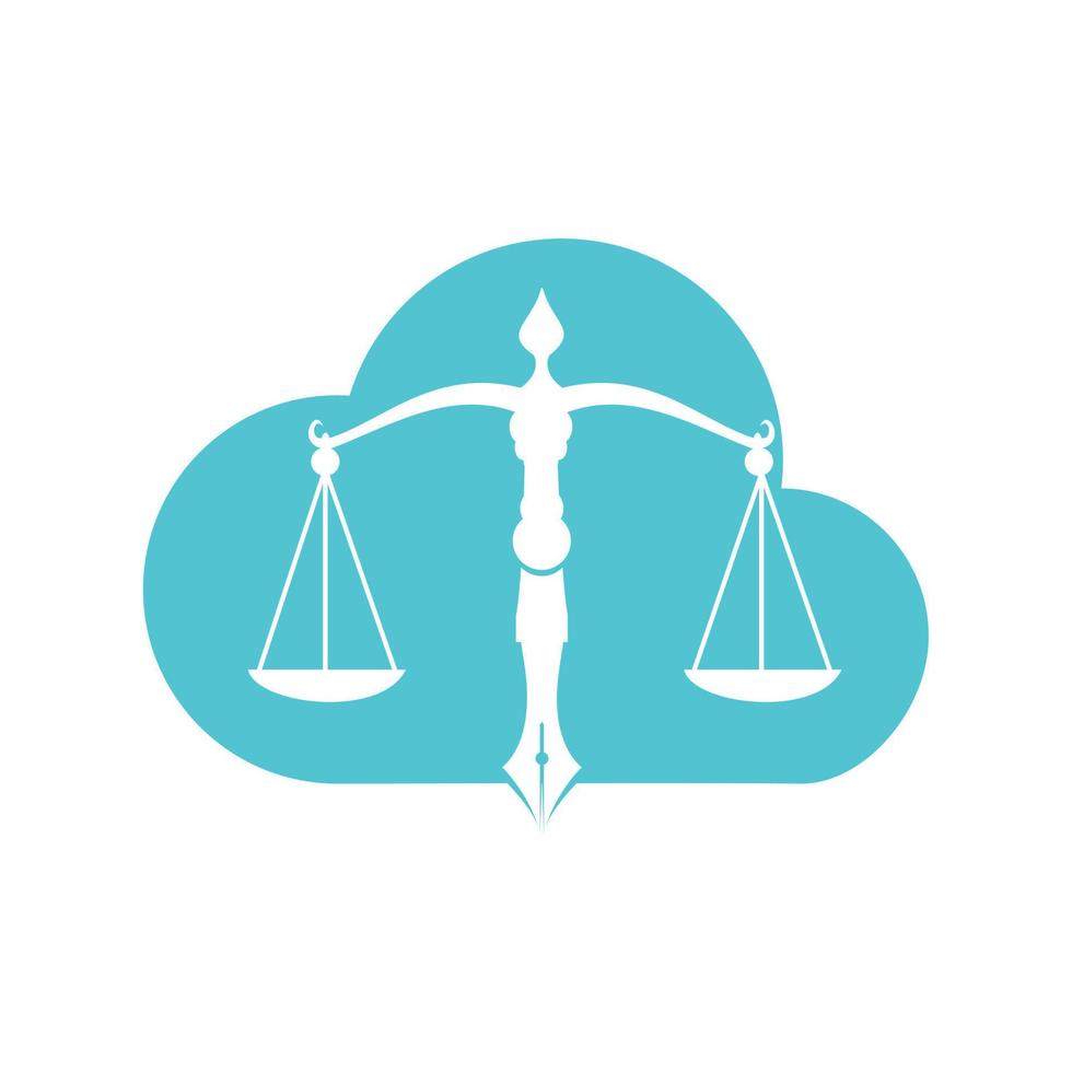 legge nube logo vettore con giudiziario equilibrio simbolico di giustizia scala nel un' penna pennino. nube equilibrio con penna pennino vettore modello design.